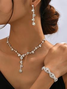 Women's Elegant Rhinestone Decorated Jewelry Set, Exquisite Trendy Dangle Earrings & Pendant Necklace & Bracelet, Fashionable Jewelry Set As Bridal Gift without Box