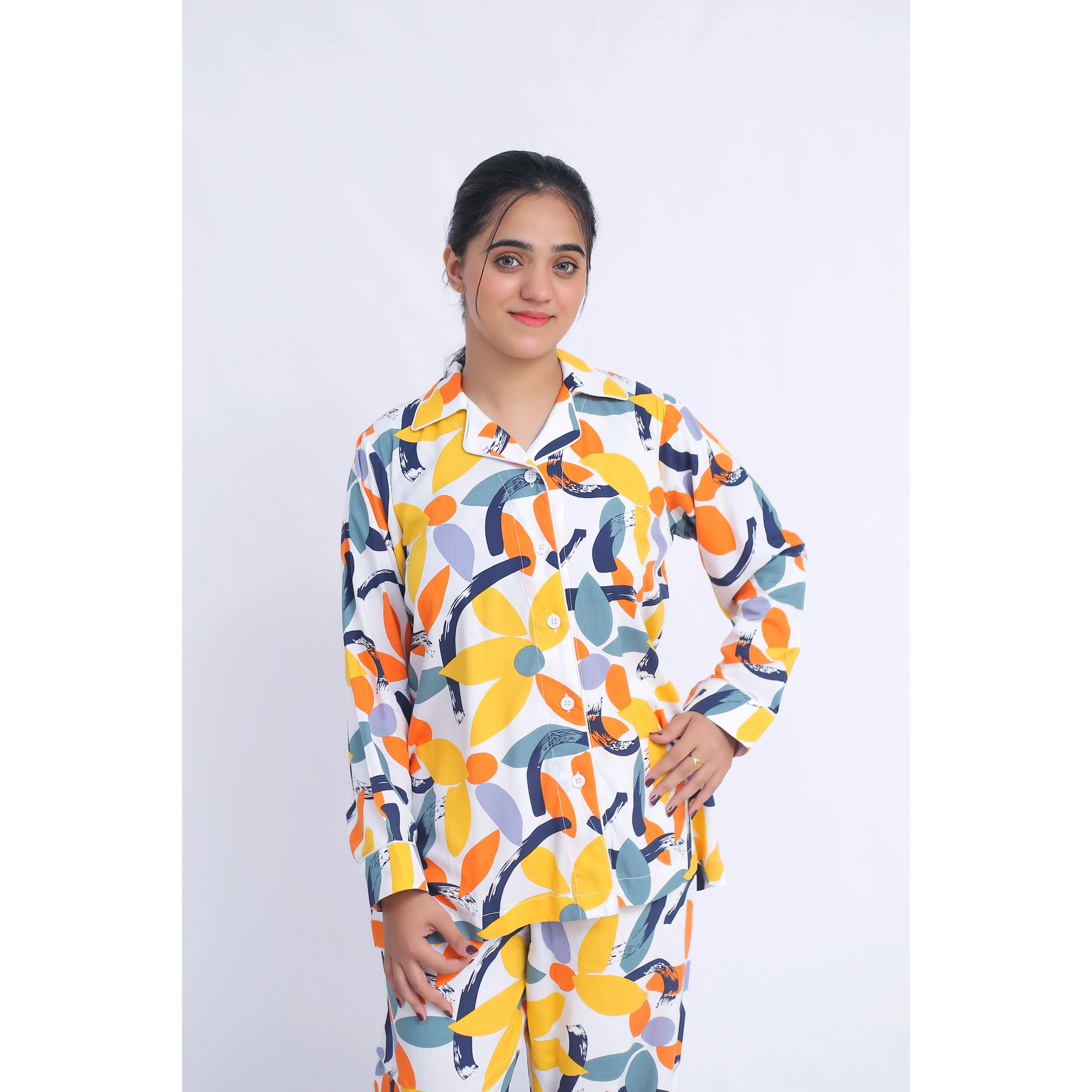 Abstract floral Linen Pyjama Set- Women Loungewear and Nightwears