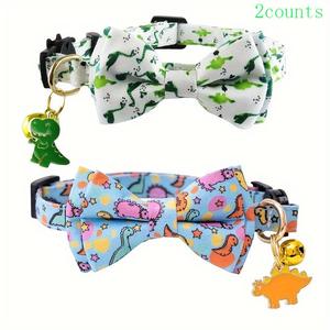 Adjustable Cat Collar with Bell, 2 Counts Cute Dinosaur Pattern Pet Collar with Safety Buckle, Pet Supplies for Indoor Outdoor Use