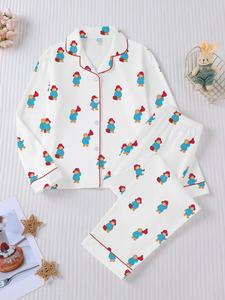 2-piece cute doll bear print children's outerwear sleepwear set, flame retardant long sleeved lapel cardigan top and loose elastic pants, holiday party sleepwear, casual four season children's middle-aged children's sleepwear and home clothing set