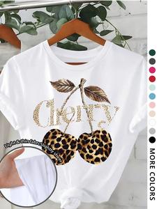 Women's Cherry & Leopard Print Round Neck Graphic Tee, Vintage Trendy Casual Short Sleeve T-shirt for Summer Daily Wear, Womenswear, Top, Tshirt
