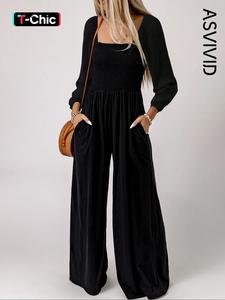 Women's Plain Ruched Shirred Smocked Pocket Flowy Wide Leg Jumpsuit, Casual Elegant Long Sleeve Bishop Sleeve Square Neck Jumpsuit for Spring & Fall, Ladies Clothes for Daily Wear Fashion