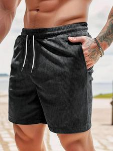 Men's Solid Corduroy Drawstring Waist Shorts, Loose Casual Comfy Breathable Shorts for Summer, Men's Bottoms for Daily Wear, Loungewear