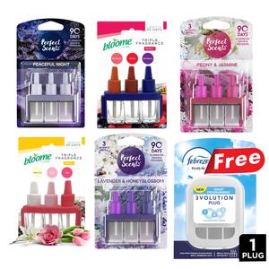6x Febreze Plug In Kit 3VOLUTION Perfect Scents Air Freshener Peaceful Night Home Baking Lavendar & Honey Blossom Peony & Jasmine Fresh Floral White Lily Rose Tulip Strawberry Cherry Blackberry Refills 20ml Each Long Lasting Up To 90 Days