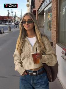 Women's Fall Winter Fashion Casual Zipper Stand Collar Knit Cardigan Sweater, Elegant Retro Design, Versatile Office Wear