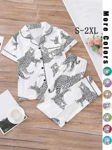 Women's Leopard Print Pyjama Set, Casual Button Front Pocket Shirt & Elastic Waist Shorts, Summer Outfits 2024, Women's Summer Sleepwear & Loungewear, Summer Friday Set