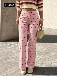 Women's Heart Print Wide Leg Jeans, Casual Loose Fit Denim Jeans, All Season Wear, Elastic Fabric, Perfect for Dates