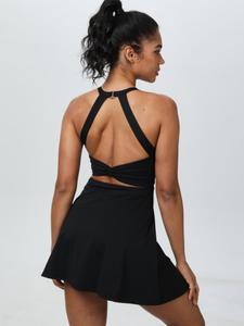 Women's Solid Cross Back Sports Dress with Built-in Shorts & Side Pockets, Breathable Comfortable U-neck Tennis Dress, Ladies Sportswear for Indoor Outdoor Wear, Backless Sports Dress