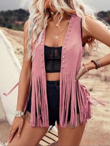 Women's Solid Color Fringe Trim Open Front Vest Jacket, Casual Studded Decor Sleeveless Outerwear for Daily Wear, Ladies Clothes for All Seasons