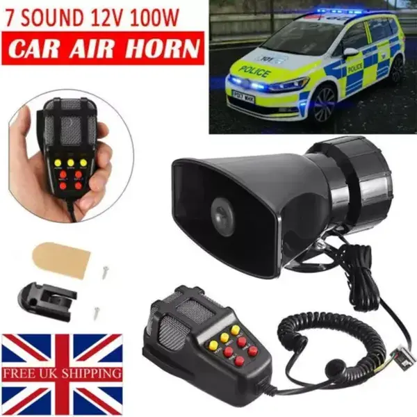 100W 12V 7 Tone Sound Car Police Siren Horn Megaphone With Mic PA Speaker System