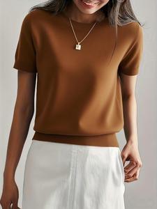 Women's Solid Color Round Neck Short Sleeve Knit Top, Casual Lightweight Breathable Fabric, Perfect for Spring Summer Fall Winter
