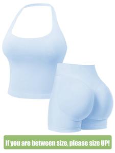 Women's Seamless Halter Top Sports Bra + High Elastic  Shorts Set, Backless Chest Pad, Outdoor Running Gym Workout Tracksuit Outfits for Women, Stretchable Activewear