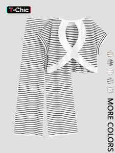 2-Piece Black & White Striped Cross Back Crop Top & Wide Leg Pants Set, Soft Loungewear, Casual Outfit for Home and Daily Wear, Cutout Top & Pants Matching Set, Ideal for Casual Outings and Brunch