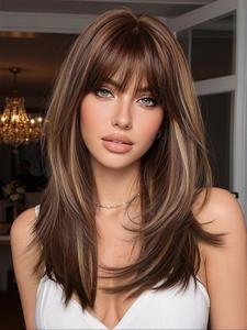 18 Inch Wig for Women with Bangs, Heat Resistant Fiber, Natural Daily Wear, Versatile Styling, Suitable for Ladies, Synthetic Material Wigs