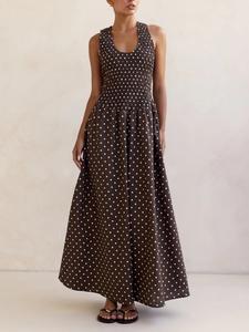 Y2K Polka Dot Long Dress, Sleeveless Ruched Top Flowy Maxi Dress, Boho Beach Sun Dress, Vintage Party Dress, Elegant Slim Fit Women's Dress, Womenswear