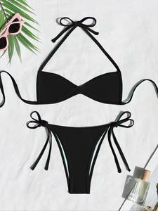 Two-Piece Set Women's Plain Bikinis for Summer 2024, Solid Color Halter Tie Back Bikini Top & Tie Side High Cut Bikini Bottom, Bathing Suits 2024 for Women, Summer Swimsuit Sets, Ladies Summer Swimwear for Beach Holiday Vacation