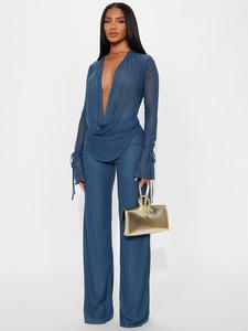 Women's Deep V Neck Blouse Set, Long Sleeve Crop Top & High Waisted Pants, Sexy Plain Design, Fall Winter Fashion