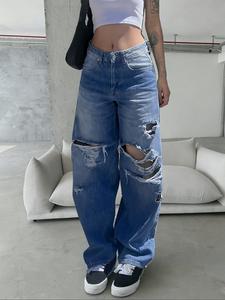 Women's Plain Ripped High Waisted Denim Jeans, Fashion Casual Comfy Wide Leg Trousers for Daily Outdoor Wear, Women Bottoms for Spring & Fall