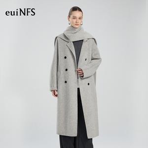 [euiNFS] Wool Blend Scarf-Integrated Coat for Women | Minimalist Double-Breasted Long Overcoat | Elegant Winter Outerwear【E463085】
