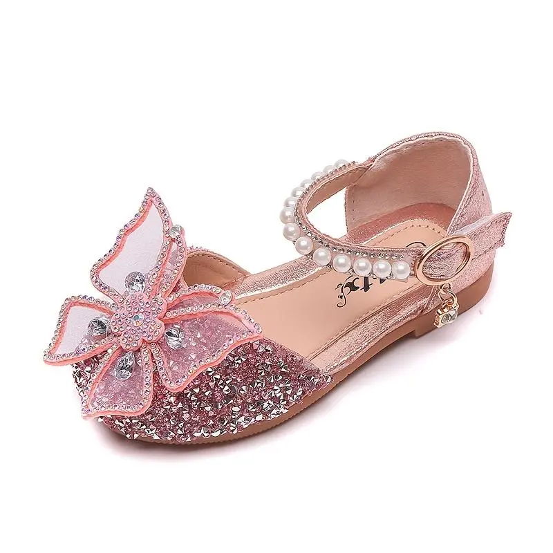 【SEENGHAR】 Sparkling Butterfly Princess Shoes for Girls - Glittery Rhinestone & Pearl Mary Jane Flats with Hook-and-loop Fastener Closure, Soft Rubber Sole, PU Upper - Perfect for Spring/Summer Parties, Casual Wear & Special Occasions, Girls Shoes
