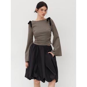 Cider Boat Neck Gingham Bowknot Ruched Long Sleeve Top