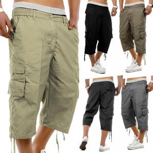 Mens 3/4 Elasticated Waist Long Cargo Shorts Multi Pockets Pants Three Quarter Below Knee Modest Wear M-3XL Plain Casual