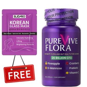 PureVive Flora Women’s Probiotic – 26 Billion CFU with Cranberry, D-Mannose & Prebiotics | Intimate & Gut Health Support | 60 Capsules + FREE Korean Glass Mask