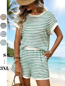 Women's Striped Knit Short Sleeve Shorts Set, Casual Summer Homewear, Stripe, Beach Vacation Style, Outdoor Wear Sleepwear, Casual Matching Set
