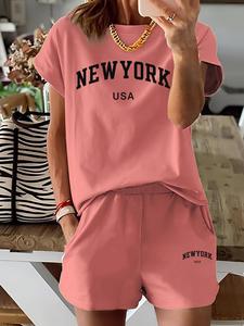 Two-Piece Set Women's Letter Print Tee & Shorts, Casual Short Sleeve T-shirt & Skinny Shorts, Ladies Summer Clothes for Daily Wear, Suits, Shorts Sets Outfits, Matching Outfit Set