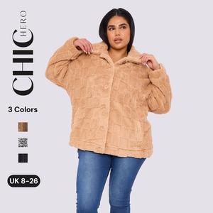 ChicHero Textured Checkerboard Faux Fur Long Sleeve Short Teddy Fleece fashion coat Clothes Jacket Womenswear Button Casual Everyday Piece Polyester
