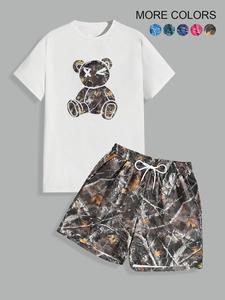 Men's Cartoon Bear Print Tee & Random Tree Branch Print Shorts Two-piece Set, Regular Fit Casual Short Sleeve T-shirt & Drawstring Waist Shorts, Men's Summer Clothes, Shortsleeve Top & Shorts Set