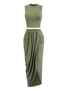 Women's Solid Crop Tank Top & Ruched Asymmetrical Hem Split Skirt Set, Casual Mock Neck Sleeveless Top & High Waist Wrap Skirt,, Cute Summer Outfit Womenswear Chic