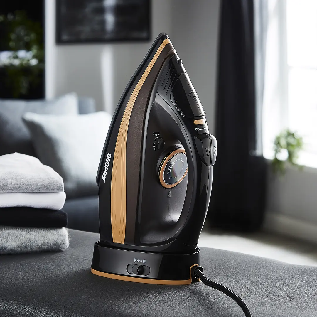 Geepas 2-in-1 Cordless Steam Iron 2400W with Ceramic Soleplate 300ML Black & Gold Anti-Drip Self-Cleaning