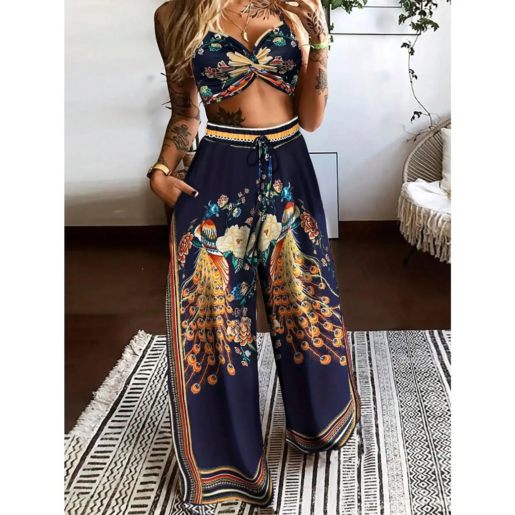 Breezaya Women's Floral Printed Twist Crop Cami Top And Pants Set