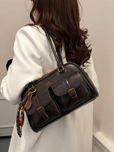 Women's Retro Solid Color PU Leather Shoulder Bag, Large Capacity Crossbody Bag with Detachable Accessory Charm, Casual Trendy Versatile High-quality Daily Commuting Bag