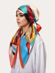 Women's Square Hijab Scarf, Color Block Print Turban, Chemotherapy Sleep Cap, Elastic Head Wrap, Daily Wear, Muslim Accessories, Reusable Bandana Scarf
