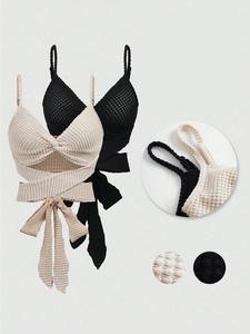 Women's Textured Twist Criss Cross Tie Back Crop Cami Top, Casual Adjustable Strap V Neck Spaghetti Strap Crochet Camisole for Summer, Ladies Clothes for Daily Wear