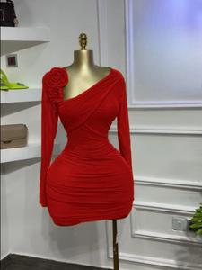 Women's Long Sleeve Floral Aqqlique Bodycon Midi Stacked Ruched Dress, Asymmetrical Neckline Party Birthday Dresses, Holiday Vacation Clothes for woman, Back To School, Education Cocktail Prom Dresses, Elastic Mini Dress, Green Dress, Red Dresses