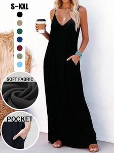 Women's Loose Fit Sleepwear Dress, Plain Color Backless Strap Design, Sexy & Casual Wearable, Pocketed Style