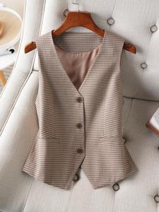 Women's Plaid Print Button Front Vest Blazer, Casual V Neck Sleeveless Waistcoat for Work Office Business, Ladies Spring & Fall Clothes, Formal Wear