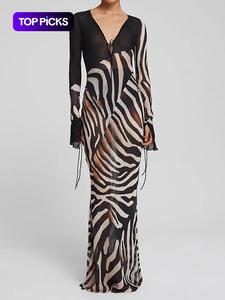 Women's Fashion Colorblock Print Sexy V Neck Mesh Long Sleeve Dress, Slim Fit Autumn, Elegant Casual Wear for Ladies