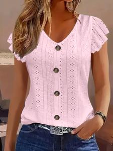 Spring Summer Solid Color Jacquard V Neck Top, Fake Button Design, Sweet Style Daily Casual Fashion, Long Fitted Clothing