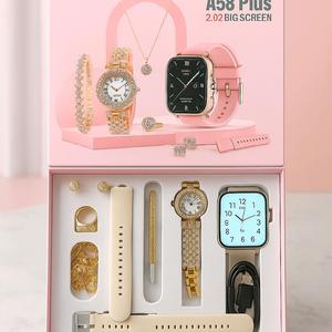 Fashion Gifts A58 PLUS Plus Womens Luxury 8 in 1 Watches 2 Strap Ring Earring Fitpro Touch Screen Wearable Android Button Charging Chip Custom Lcd Tracker