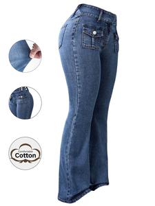 Women's Pocket Flare Leg Jeans, Casual Comfy Loose Bell Bottom Denim Trousers for Daily Wear, Ladies Bottoms for All Seasons, Womenswear, Pants, Bootcut Jeans, High Waist Denim