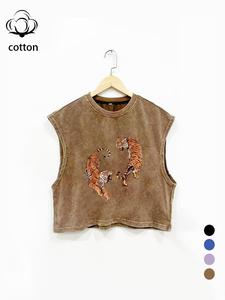 Men Women Cotton Sleeveless Vest Top, Loose Fit Round Neck Design, Fashionable Tiger Print Street Style Unisex Tee, All-Season Wear