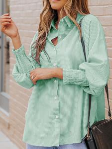 Women's Striped Print Shirt, Casual Curved Hem Long Sleeve Collared Top for Spring, Women's Clothing for Daily Wear, Tops for Women, Womenswear, Blouse, Button Up Shirt