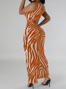 Women's Zebra Striped Print Cut Out Ruched Split Thigh Knit Bodycon Smooth Dress, Elegant Fashion Soft Scoop Neck Backless Tank Long Dress for Party Holiday Vacation, Ladies Summer Sleeveless Clothes Bodycon, Womenswear, Dresses for Summer