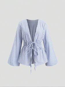 European and American Stylish Striped Belted Blouse with Flared Sleeves, Autumn Office Wear and Daily Outing Top for Comfort, Casual