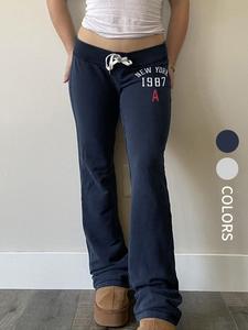 American Vintage Slim-Fit Letter Print Pants, baggy leggings，Trousers for Relaxed Fit,Street Style Drawstring Waist Joggers, Fall & Winter Casual Long Trousers