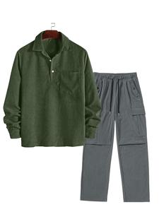 Men's Solid Color Corduroy Shirt & Pants Set, Casual Long Sleeve Button Up Top & Trousers, Men's Spring & Fall Clothes